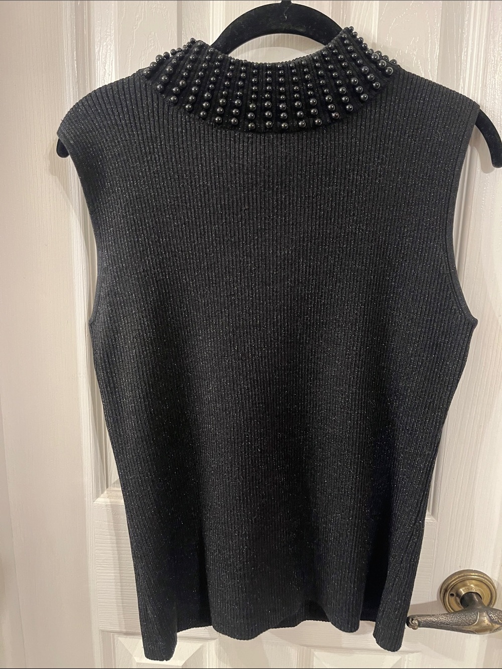 Grace Black Ribbed Top with beaded neck trim size medium